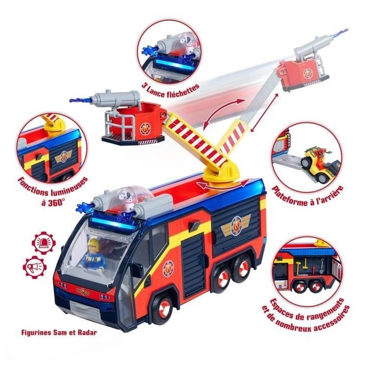 Sam Le Pompier - Camion de pompier - Jupiter - 2 figurines - Sons et lumieres - Plusieurs accessoires - 3 piles incluses Sam Le Pompier - Camion de pompier - Jupiter - 2 figurines - Sons et lumieres - Plusieurs accessoires - 3 piles incluses