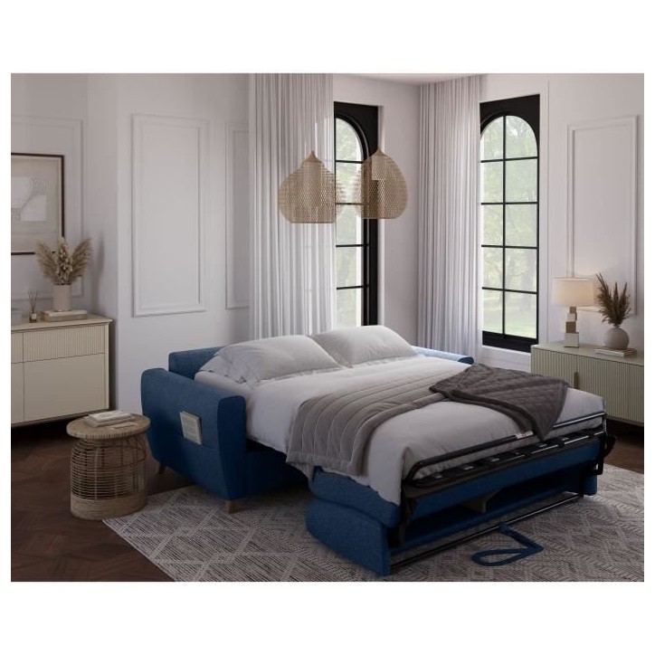 Canapé convertible express 3 places SKY - Tissu Bleu - matelas 14cm - 192 x 100 x 88 cm