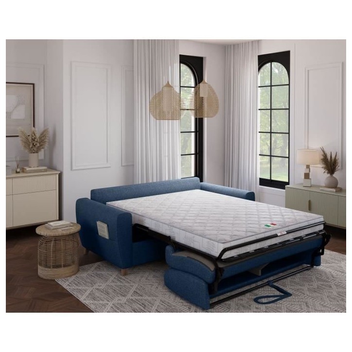 Canapé convertible express 3 places SKY - Tissu Bleu - matelas 14cm - 192 x 100 x 88 cm