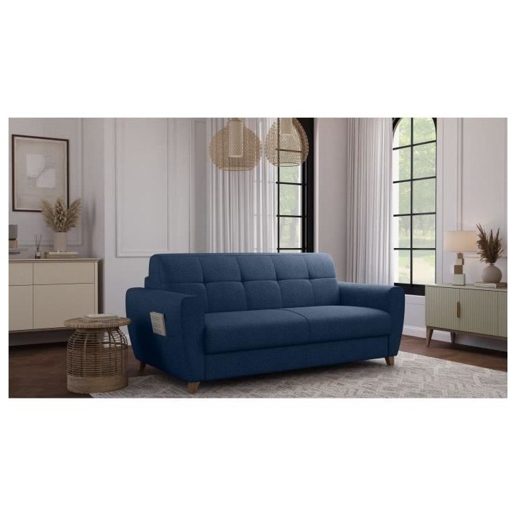 Canapé convertible express 3 places SKY - Tissu Bleu - matelas 14cm - 192 x 100 x 88 cm