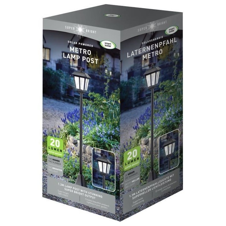 Lampadaire solaire - SMART GARDEN - Metro - 20 lumens - Noir - 130 x 18 cm