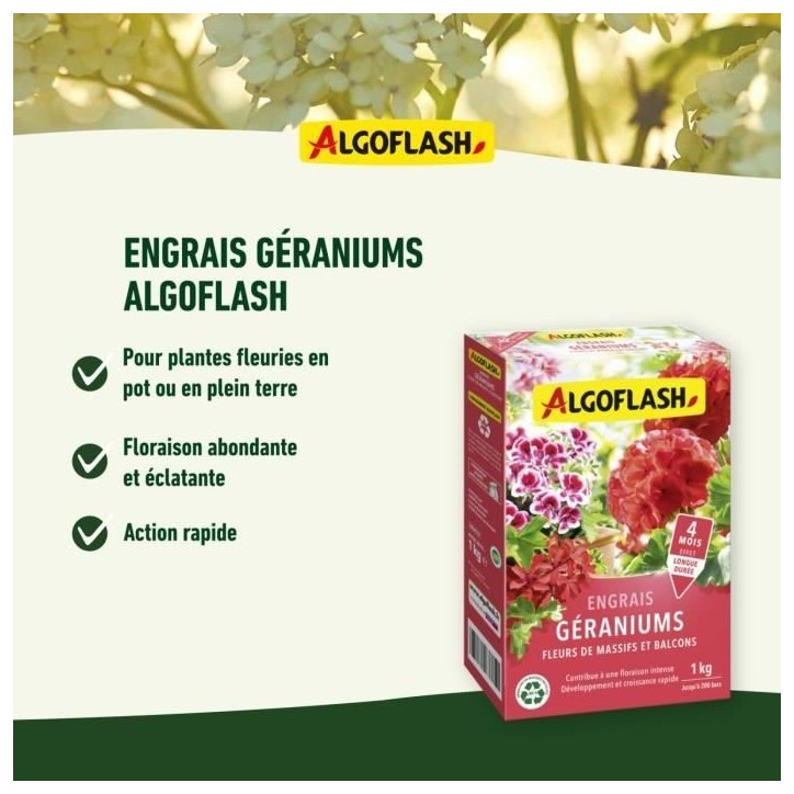 ALGOFLASH NATURASOL Engrais Géraniums, Fleurs de Massifs et Balcons - 1 kg ALGOFLASH NATURASOL Engrais Géraniums, Fleurs de Massifs et Balcons - 1 kg