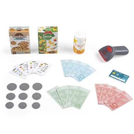 Smoby - Caisse enregistreuse - 30 accessoires inclus - Calculatrice et Scanner avec son et lumiere - Fabriqué en France - Dés