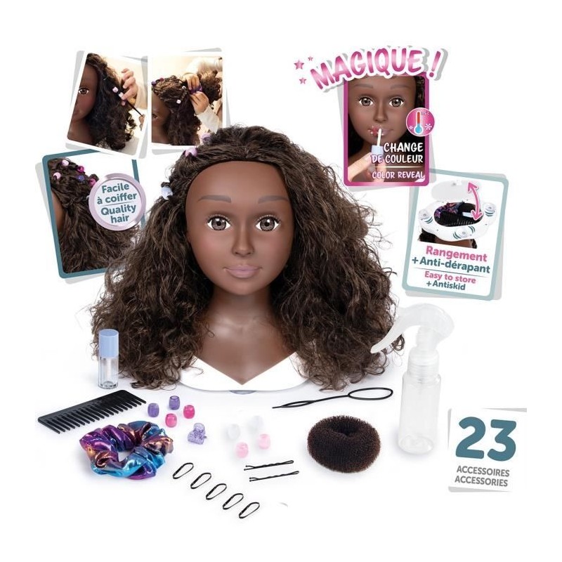 Smoby - Tete a coiffer cheveux afro - Facile a coiffer - 23 accessoire