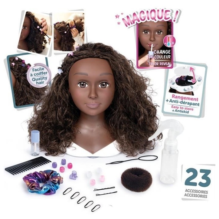 Smoby - Tete a coiffer cheveux afro - Facile a coiffer - 23 accessoires réalistes - Levres thermosensibles - Trappe de rangemen Smoby - Tete a coiffer cheveux afro - Facile a coiffer - 23 accessoires réalistes - Levres thermosensibles - Trappe de rangemen