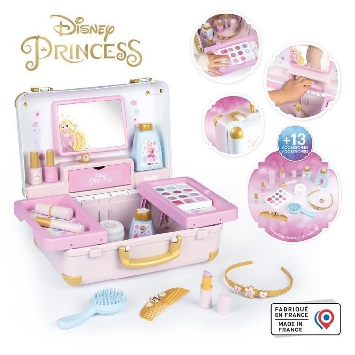 Smoby - Disney Princesse - Valise beauté facile a transporter - 13 accessoires inclus : coiffure, onglerie, maquillage - Fabric