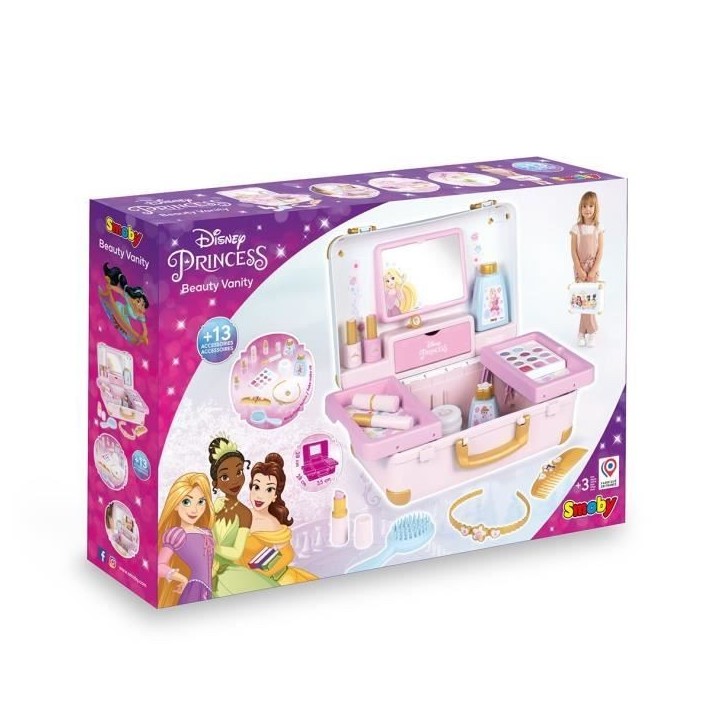 Smoby - Disney Princesse - Valise beauté facile a transporter - 13 accessoires inclus : coiffure, onglerie, maquillage - Fabric