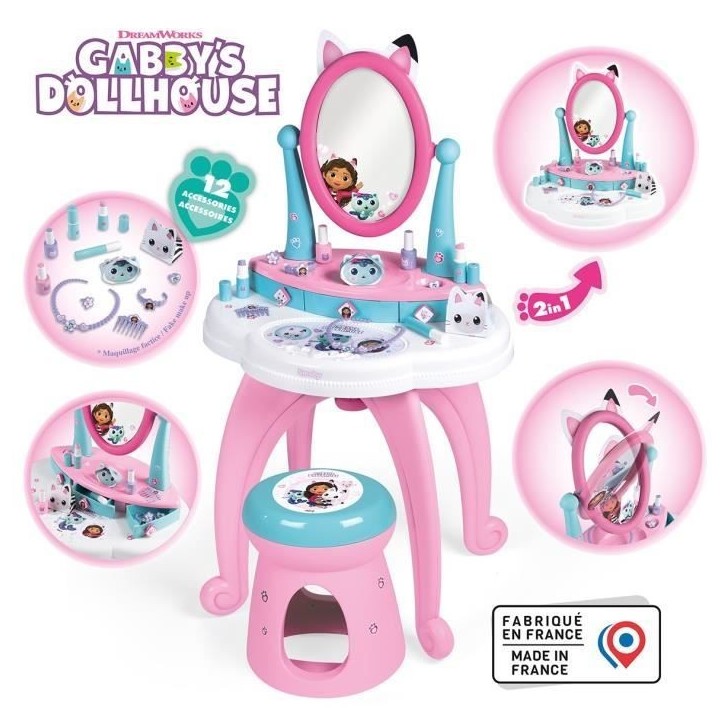 Smoby - Gabby et la Maison Magique - Coiffeuse enfant 2 en 1 - Tabouret inclus - 12 accessoires - Miroir orientable Smoby - Gabby et la Maison Magique - Coiffeuse enfant 2 en 1 - Tabouret inclus - 12 accessoires - Miroir orientable