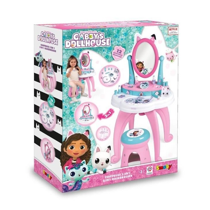 Smoby - Gabby et la Maison Magique - Coiffeuse enfant 2 en 1 - Tabouret inclus - 12 accessoires - Miroir orientable Smoby - Gabby et la Maison Magique - Coiffeuse enfant 2 en 1 - Tabouret inclus - 12 accessoires - Miroir orientable