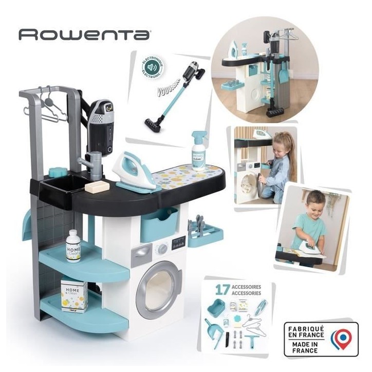 Smoby - Rowenta - Buanderie enfant - Jeu d'imitation - Sons réalistes - 17 accessoires réalistes