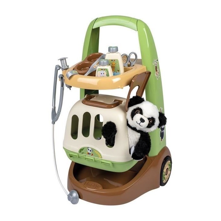 Smoby - Chariot Vétérinaire de Zoo - Peluche Panda - Nombreux accessoires inclus - Produit 2 en 1 : Cage de transport - Fabric