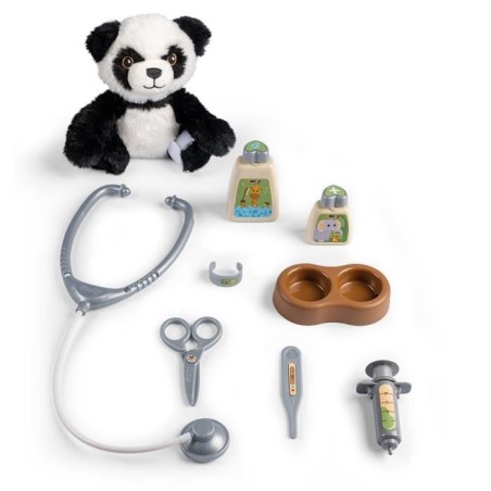 Smoby - Chariot Vétérinaire de Zoo - Peluche Panda - Nombreux accessoires inclus - Produit 2 en 1 : Cage de transport - Fabric