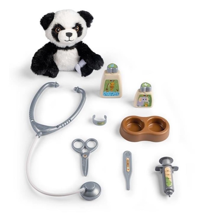 Smoby - Chariot Vétérinaire de Zoo - Peluche Panda - Nombreux accessoires inclus - Produit 2 en 1 : Cage de transport - Fabric
