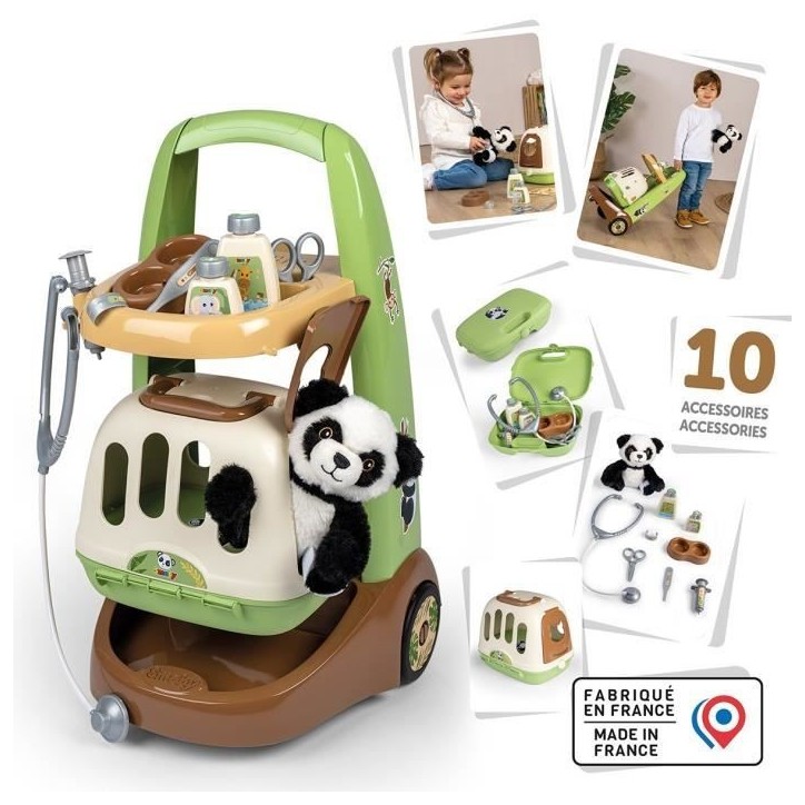 Smoby - Chariot Vétérinaire de Zoo - Peluche Panda - Nombreux accessoires inclus - Produit 2 en 1 : Cage de transport - Fabric