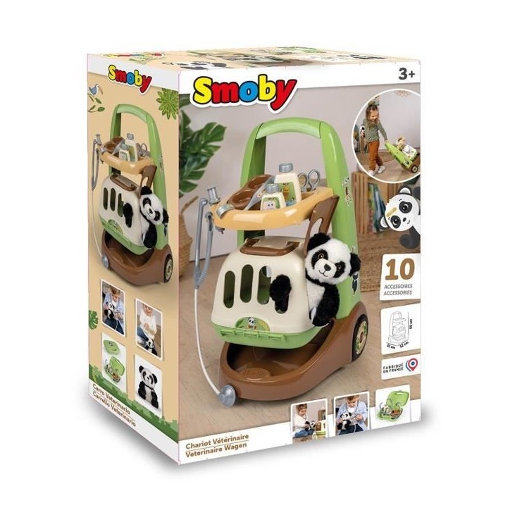 Smoby - Chariot Vétérinaire de Zoo - Peluche Panda - Nombreux accessoires inclus - Produit 2 en 1 : Cage de transport - Fabric