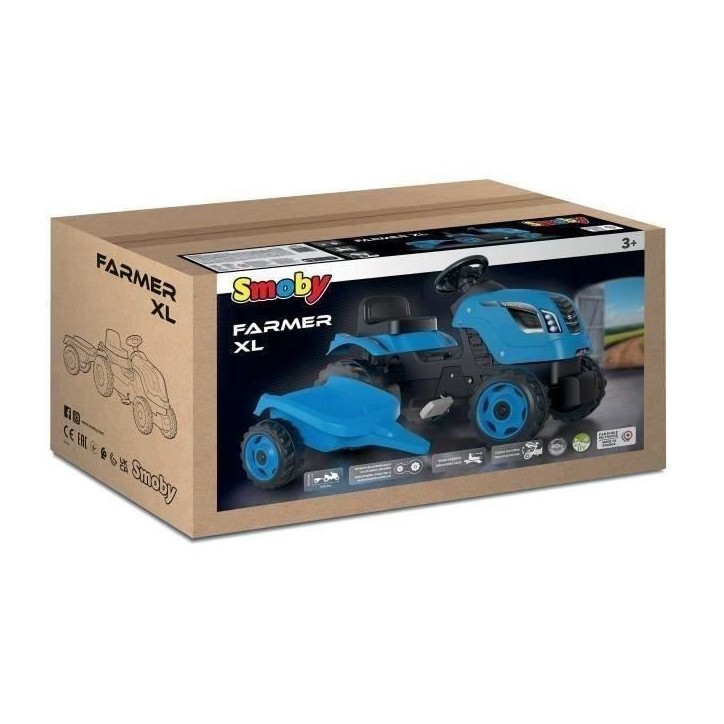 Tracteur a pédales Farmer XL + Remorque - Bleu - SMOBY - Siege ajustable - Capot ouvrant - Klaxon - 90% plastique recyclé Tracteur a pédales Farmer XL + Remorque - Bleu - SMOBY - Siege ajustable - Capot ouvrant - Klaxon - 90% plastique recyclé