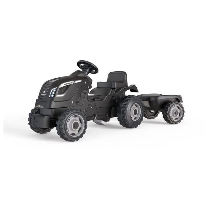 Tracteur a pédales Farmer XL + Remorque - SMOBY - Noir - 90% Plastique recyclé- Siege ajustable - Capot ouvrant - Volant avec