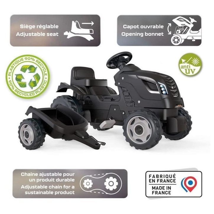 Tracteur a pédales Farmer XL + Remorque - SMOBY - Noir - 90% Plastique recyclé- Siege ajustable - Capot ouvrant - Volant avec