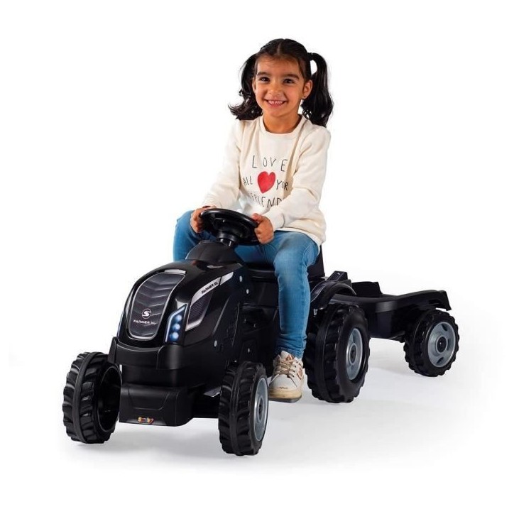 Tracteur a pédales Farmer XL + Remorque - SMOBY - Noir - 90% Plastique recyclé- Siege ajustable - Capot ouvrant - Volant avec