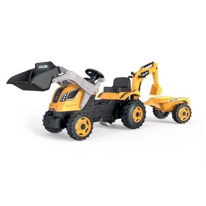 Tracteur a pédales Builder Max + Remorque + Pelleteuse + Pelle - Smoby - Jaune Tracteur a pédales Builder Max + Remorque + Pelleteuse + Pelle - Smoby - Jaune