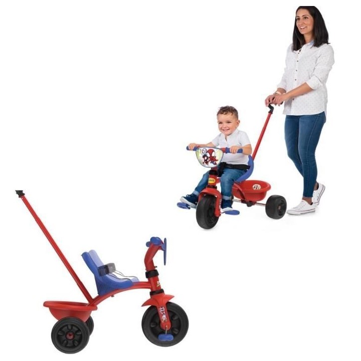 Smoby - Tricycle Be Fun - Spidey - Evolutif de 15 mois a 3 ans - Canne parentale réglable sur 3 positions - Ceinture de sécuri