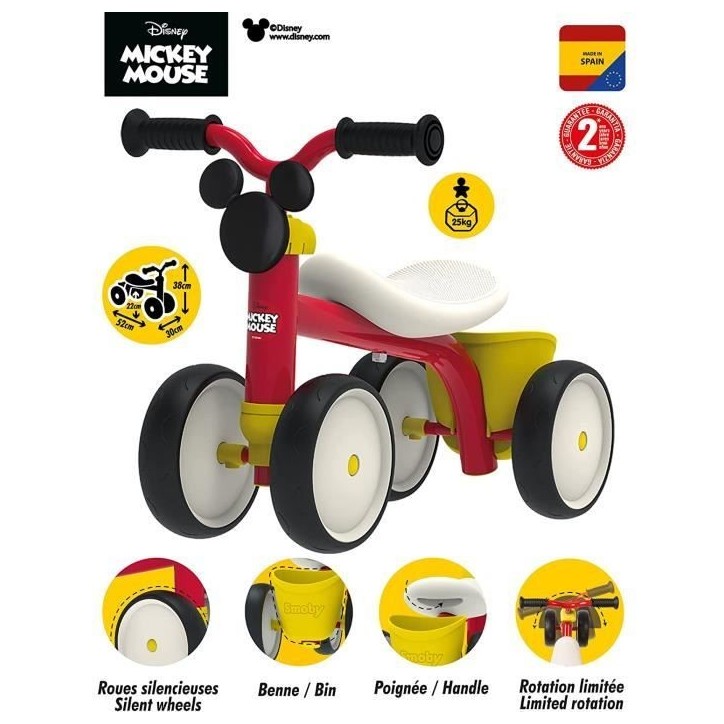 Smoby - Porteur 1er âge Mickey en métal - Rookie - Mixte - Rouge - 12 mois et plus