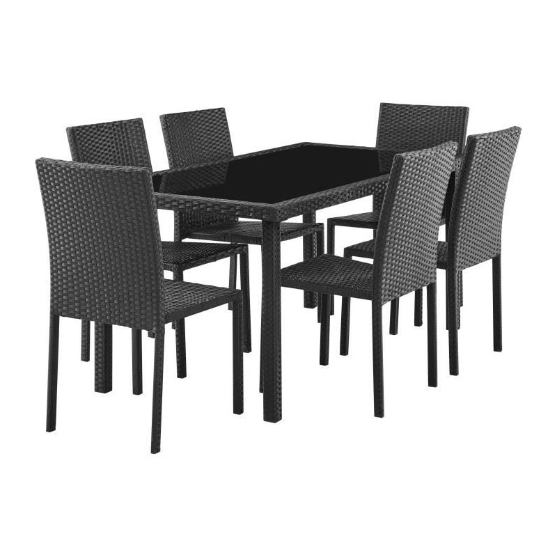 Ensemble repas de jardin - plateau en verre trempé et 6 chaises en r Ensemble repas de jardin - plateau en verre trempé et 6 chaises en r