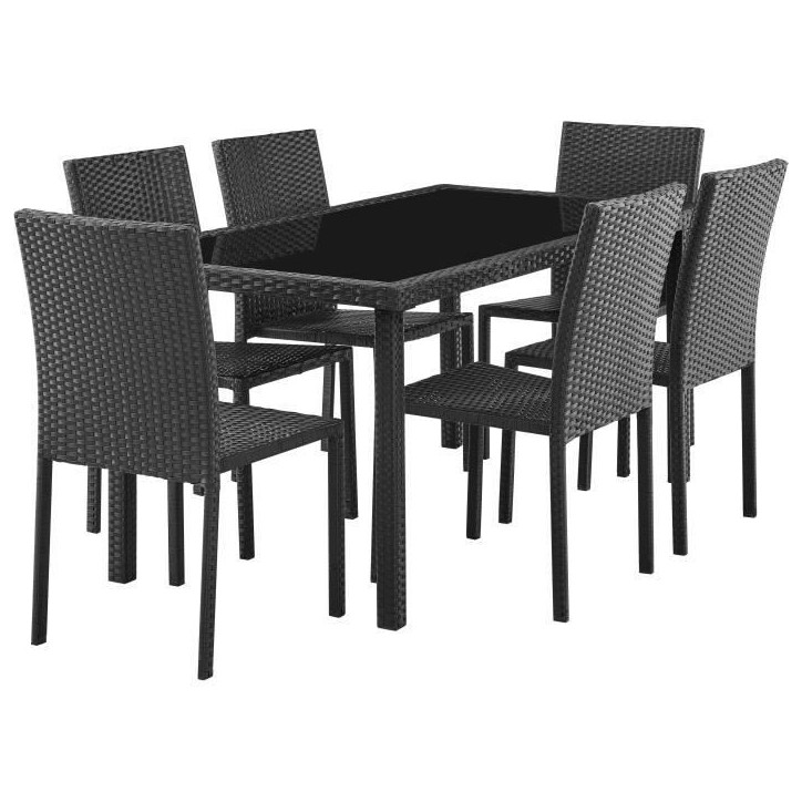 Ensemble repas de jardin - plateau en verre trempé et 6 chaises en résine tressée noir - Table 160x80x73 cm - Chaise : 44x54x Ensemble repas de jardin - plateau en verre trempé et 6 chaises en résine tressée noir - Table 160x80x73 cm - Chaise : 44x54x