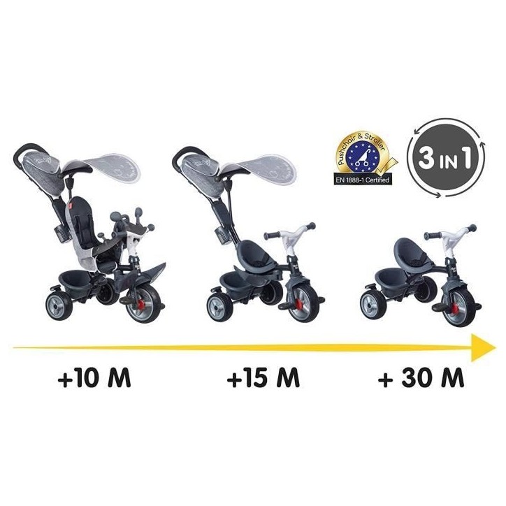 SMOBY Tricycle enfant évolutif Baby Driver Plus - Structure métal - Gris