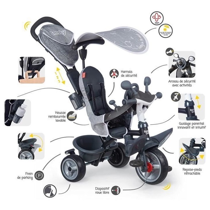 SMOBY Tricycle enfant évolutif Baby Driver Plus - Structure métal - Gris