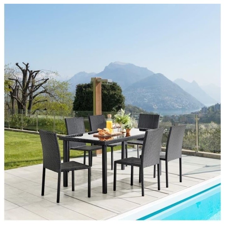 Ensemble repas de jardin - plateau en verre trempé et 6 chaises en résine tressée noir - Table 160x80x73 cm - Chaise : 44x54x Ensemble repas de jardin - plateau en verre trempé et 6 chaises en résine tressée noir - Table 160x80x73 cm - Chaise : 44x54x