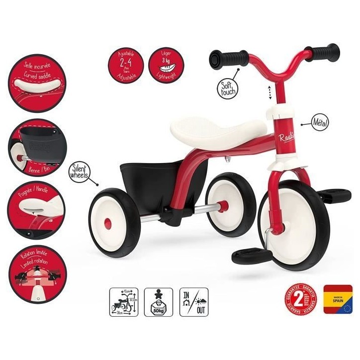 Tricycle - Smoby - Rookie - Cadre et guidon en métal - Confortable et robuste
