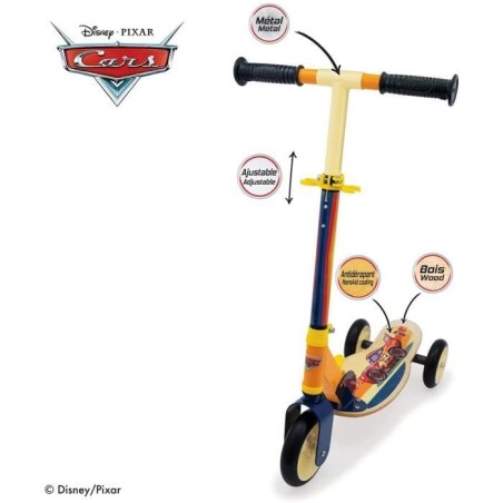Smoby - Cars - Patinette pliable - 3 roues silencieuses - Plateau bois - Jaune et Multicolore - Trottinette avec guidon réglabl