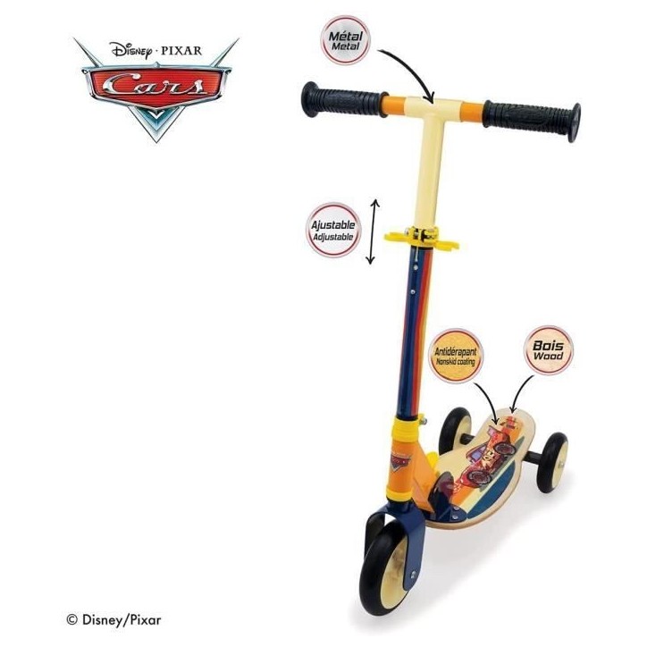 Smoby - Cars - Patinette pliable - 3 roues silencieuses - Plateau bois - Jaune et Multicolore - Trottinette avec guidon réglabl Smoby - Cars - Patinette pliable - 3 roues silencieuses - Plateau bois - Jaune et Multicolore - Trottinette avec guidon réglabl