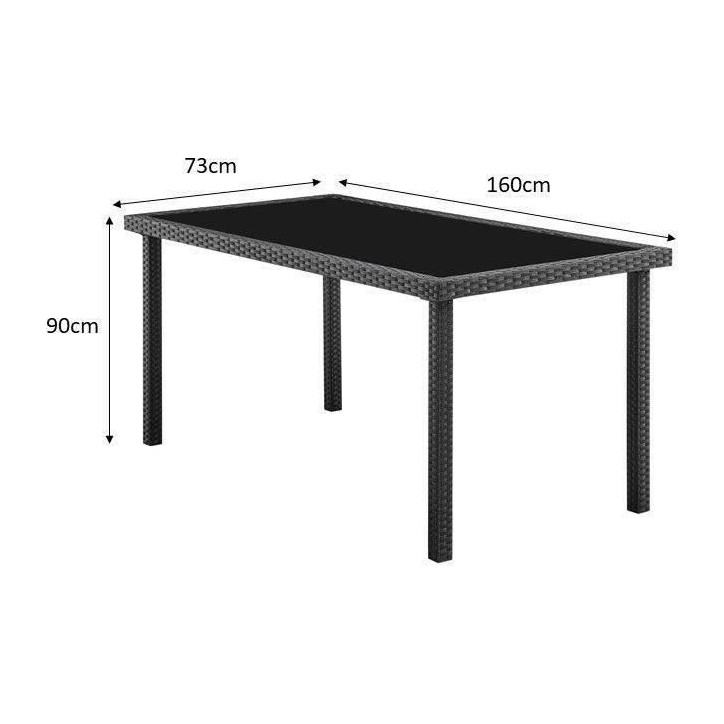 Ensemble repas de jardin - plateau en verre trempé et 6 chaises en résine tressée noir - Table 160x80x73 cm - Chaise : 44x54x Ensemble repas de jardin - plateau en verre trempé et 6 chaises en résine tressée noir - Table 160x80x73 cm - Chaise : 44x54x