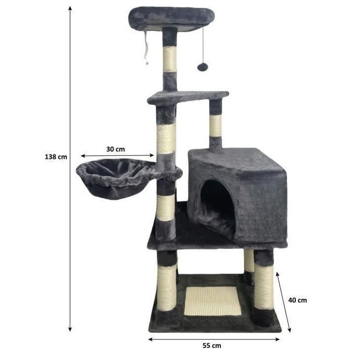 SWIFTY Arbre a chat - 55 x 40 x 138 cm - Gris foncé - 3 plateformes, 1 perchoir, 1 niche, poteaux a griffer