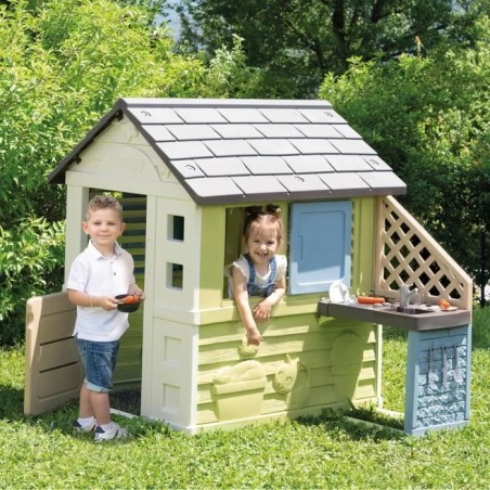 Smoby Life - Maison Pretty + Cuisine d'été - Plaque Grill et évier - 17 accessoires - Matiere Recyclée - Des 2 Ans