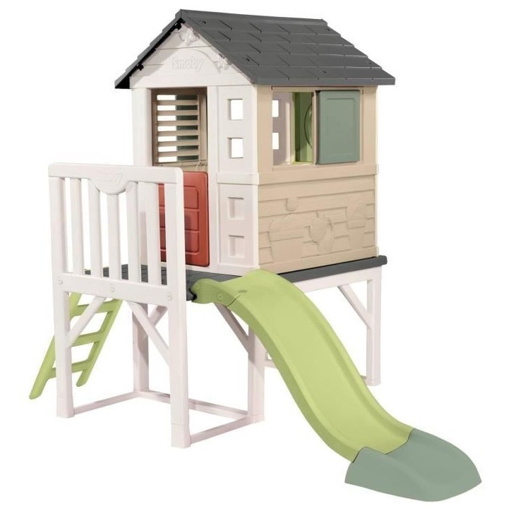 Smoby Life - Maison Pilotis avec toboggan - Nouveau colori - Plateforme 70cm - Anti-UV - Fabriqué en France