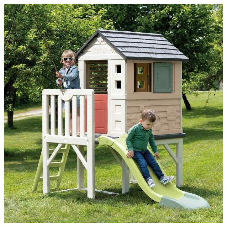 Smoby Life - Maison Pilotis avec toboggan - Nouveau colori - Plateforme 70cm - Anti-UV - Fabriqué en France