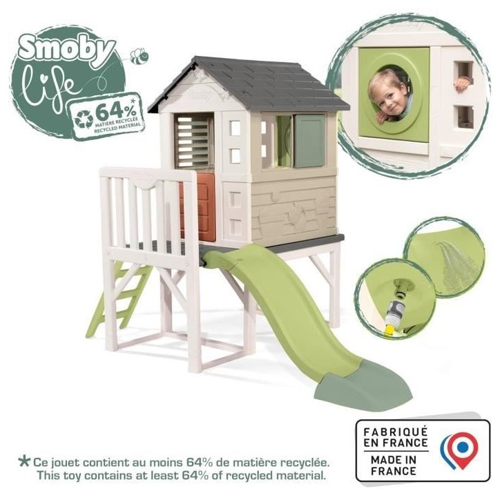 Smoby Life - Maison Pilotis avec toboggan - Nouveau colori - Plateforme 70cm - Anti-UV - Fabriqué en France