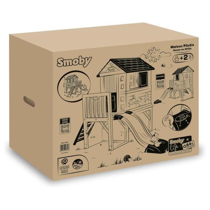 Smoby Life - Maison Pilotis avec toboggan - Nouveau colori - Plateforme 70cm - Anti-UV - Fabriqué en France