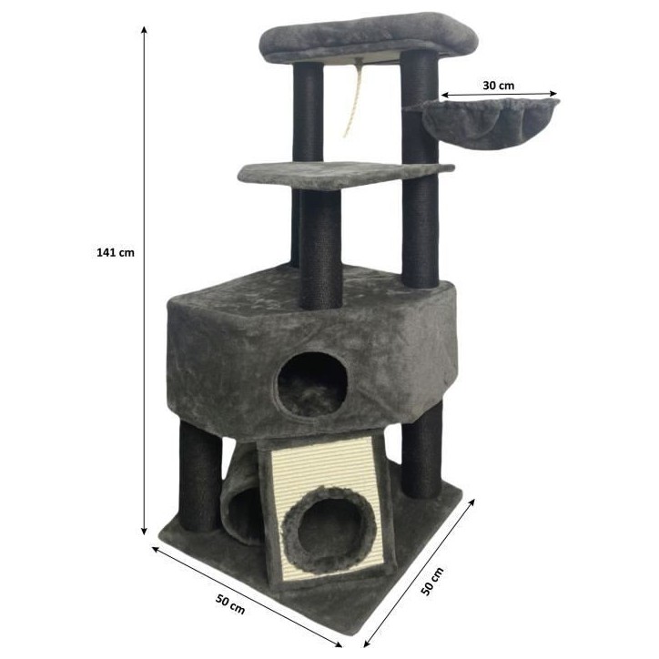 GUILY Arbre a chat stable - Idéal chats taille moyens - 50 x 50 x 141 cm - Gris foncé - 2 plateformes, 1 perchoir, 1 cabane, 1