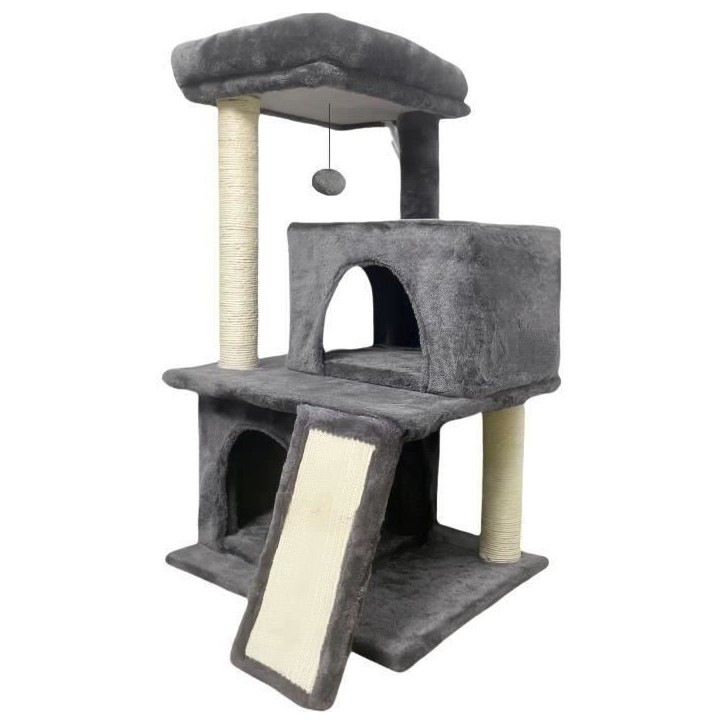 FLOPI Arbre a chat gris foncé- 44,5 x 48 x 86 cm - Gris foncé - 1 plateforme, 1 balle de jeu, 2 niches, 1 rampe