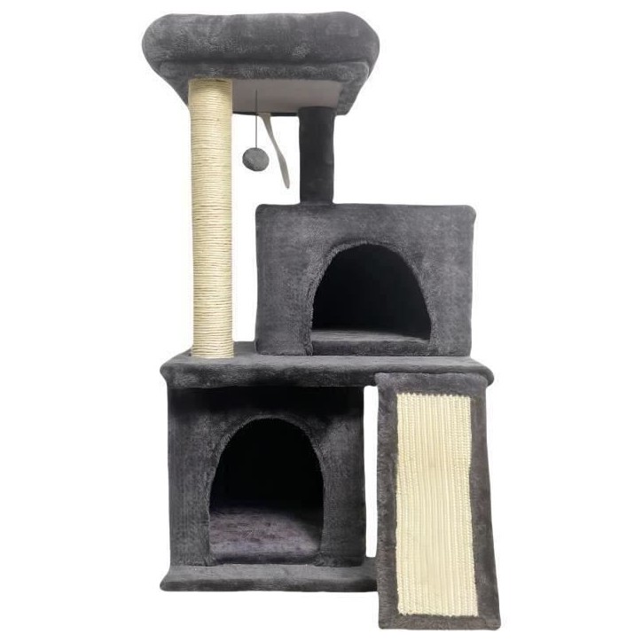 FLOPI Arbre a chat gris foncé- 44,5 x 48 x 86 cm - Gris foncé - 1 plateforme, 1 balle de jeu, 2 niches, 1 rampe