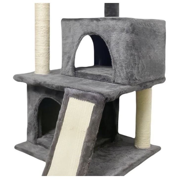 FLOPI Arbre a chat gris foncé- 44,5 x 48 x 86 cm - Gris foncé - 1 plateforme, 1 balle de jeu, 2 niches, 1 rampe