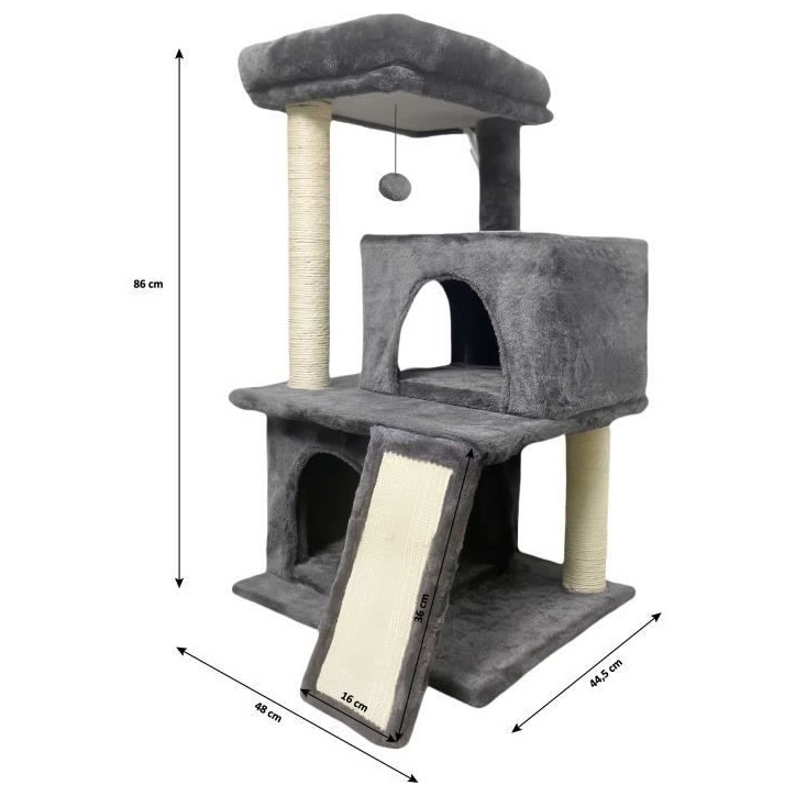 FLOPI Arbre a chat gris foncé- 44,5 x 48 x 86 cm - Gris foncé - 1 plateforme, 1 balle de jeu, 2 niches, 1 rampe