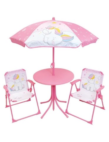 Mobilier de jardin - FUN HOUSE - Salon de jardin Licorne : Table H.46 x 46 cm, 2 chaises pliantes, parasol H.125 x�100 cm