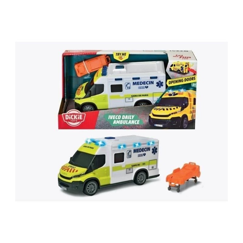 Ambulance Samu - Dickie - IVECO Daily - Roue libre - Effets sonores et Ambulance Samu - Dickie - IVECO Daily - Roue libre - Effets sonores et