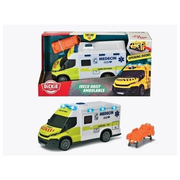 Ambulance Samu - Dickie - IVECO Daily - Roue libre - Effets sonores et lumineux Ambulance Samu - Dickie - IVECO Daily - Roue libre - Effets sonores et lumineux