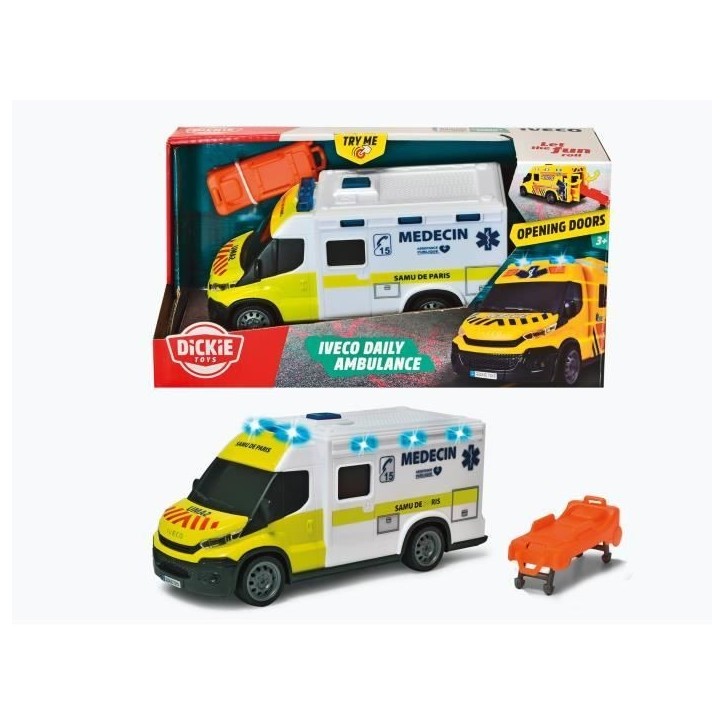 Ambulance Samu - Dickie - IVECO Daily - Roue libre - Effets sonores et lumineux Ambulance Samu - Dickie - IVECO Daily - Roue libre - Effets sonores et lumineux